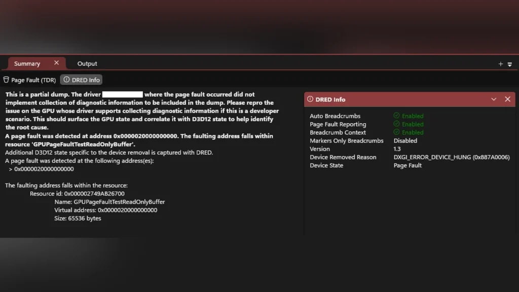 Opening a DirectX Dump File in the PIX profiling tool.