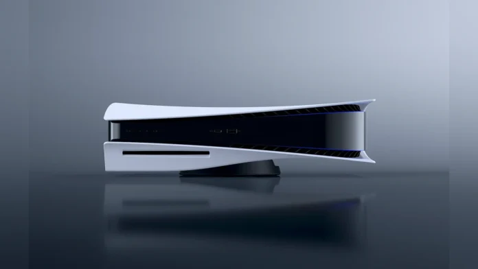 Sony PlayStation 5 console resting horizontally on a reflecting surface against a studio background.