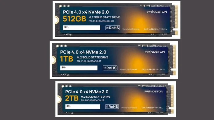 Stack of Princeton PHD-ISM2G4DG M.2 SSD models in 512GB, 1TB, and 2TB.