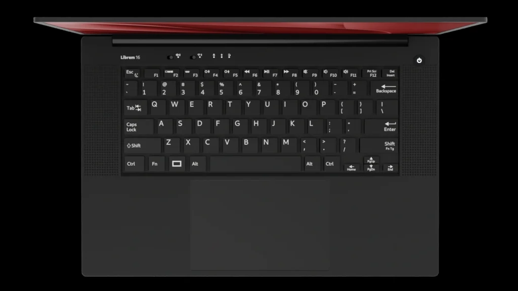 Close-up view of the hardware kill switches on the side of the Purism Librem 16 laptop.