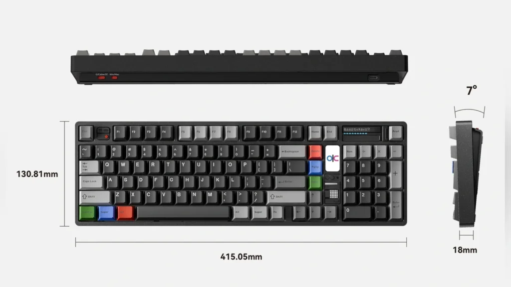 Side profile showing the 7-degree typing angle and anodized aluminum case finish.