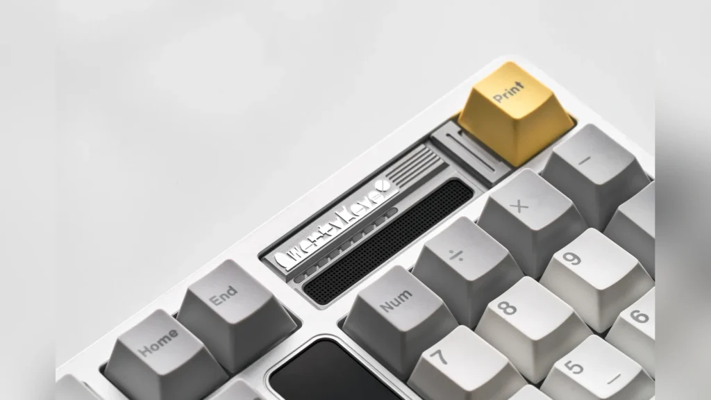 Rear view of the keyboard showing the physical switches for tri-mode connection and OS choice.