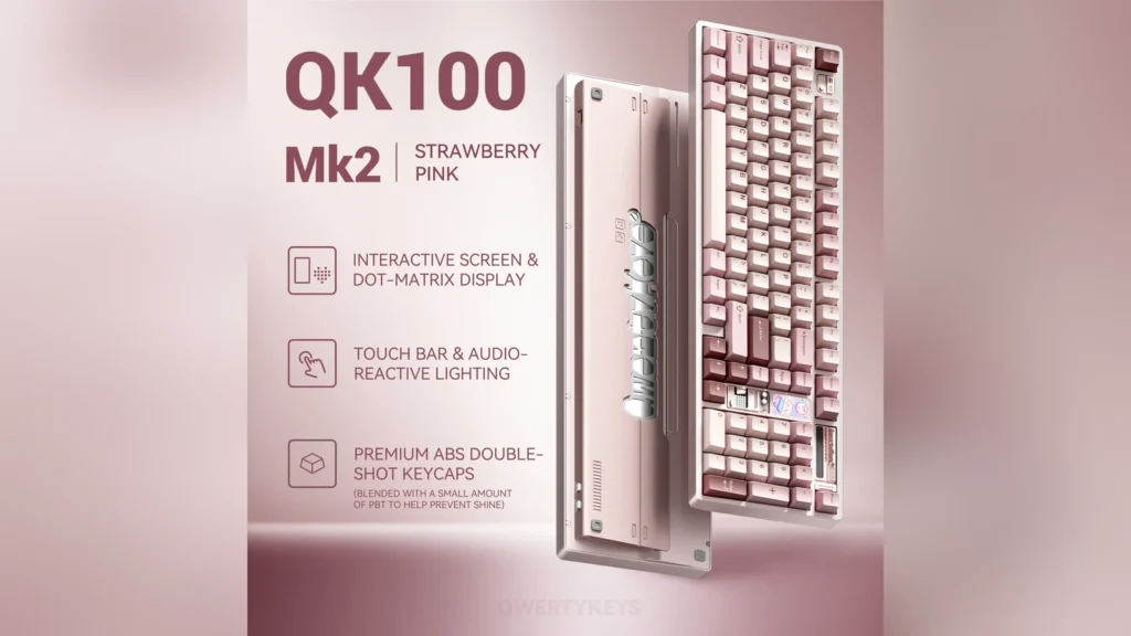 Close-up of the keyboard showing the volume touch bar and the audio-reactive LED indicator.