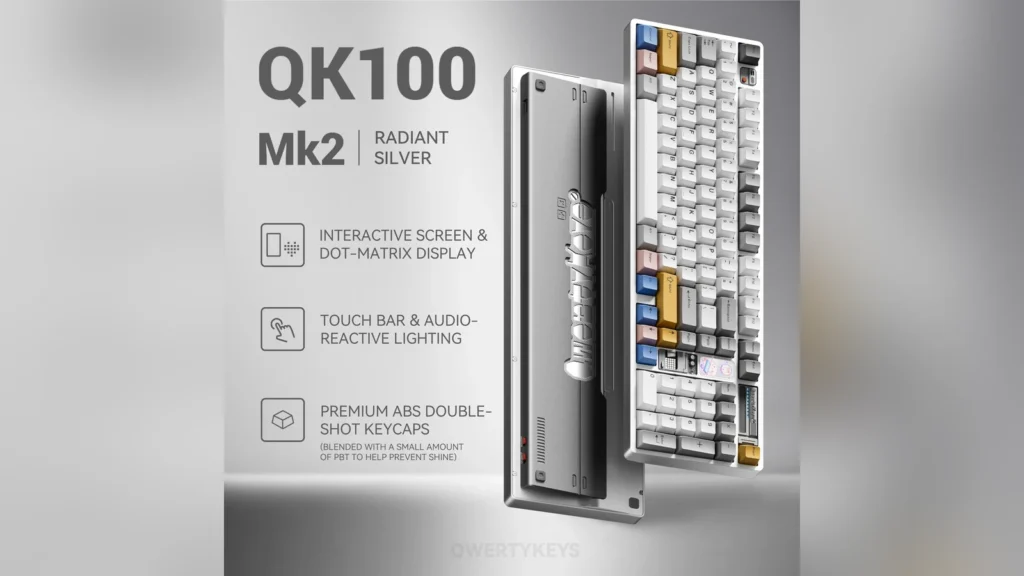 Perspective view of the QK100 Mk2 keyboard in Radiant Silver colorway.