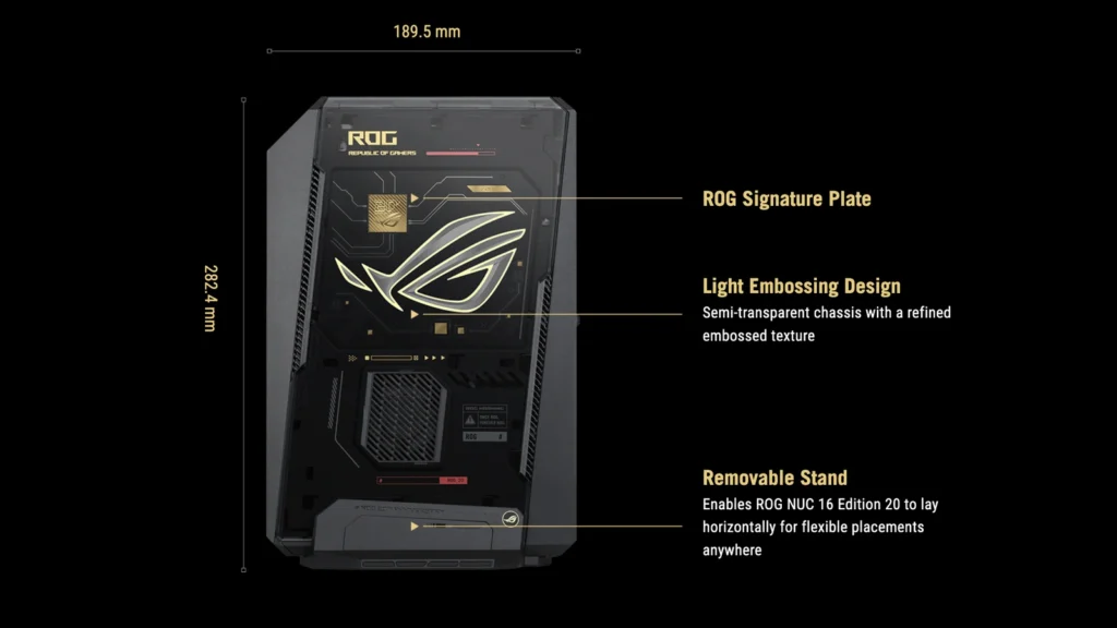 Diagram detailing dimensions and design features of the ROG NUC 16 Edition 20.
