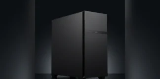 SAMA Launches Black Hole Turbo Noise-Damping PC Case Professional product shot of the solid black SAMA Black Hole Turbo PC case standing upright on a reflective dark studio floor.