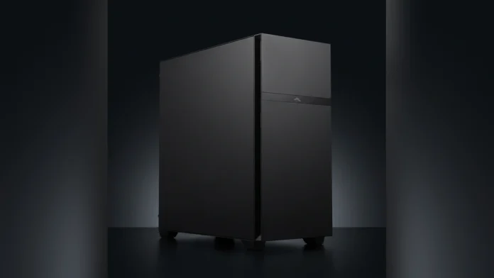 Professional product shot of the solid black SAMA Black Hole Turbo PC case standing upright on a reflective dark studio floor.