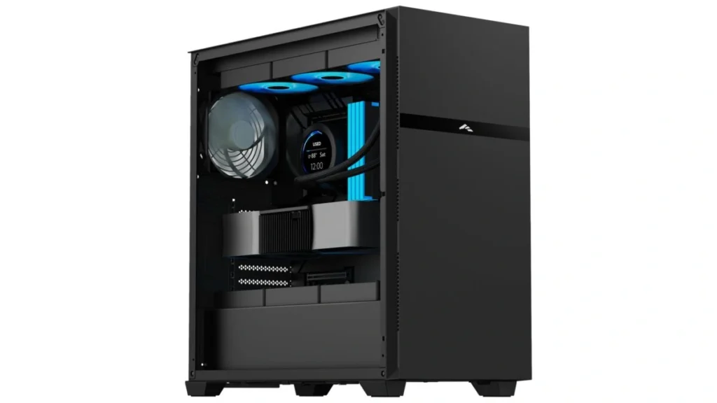 Perspective view of the SAMA Black Hole Turbo case interior, showing a complete build with liquid cooling and blue-lit components.