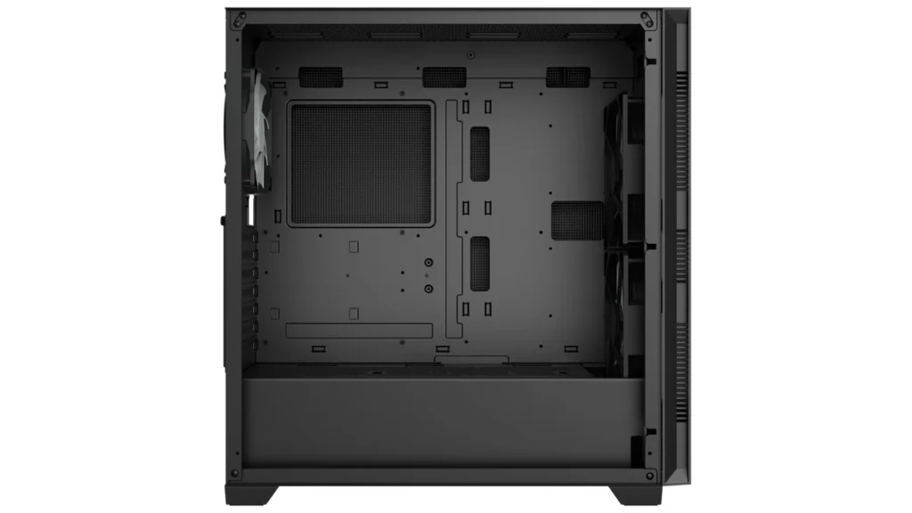 View of the empty black steel interior frame of the SAMA Black Hole Turbo mid-tower computer chassis.