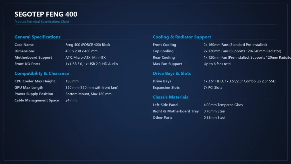 Segotep Feng 400 PC Case Pairs Dual 160mm Front Fans with Tempered Glass for $43 3 Comprehensive technical specifications sheet card for the Segotep Feng 400 PC case.
