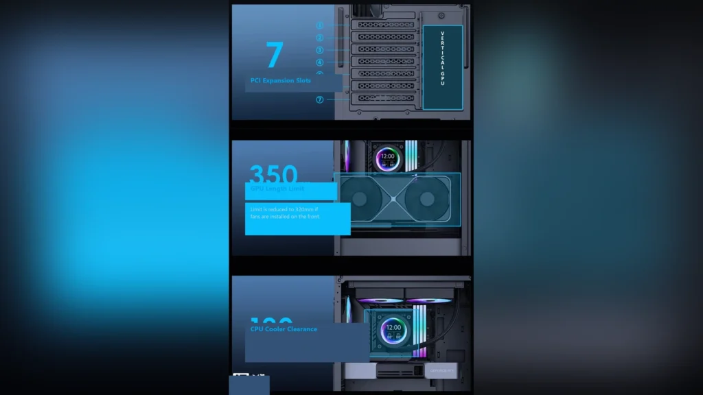Segotep Feng 400 PC Case Pairs Dual 160mm Front Fans with Tempered Glass for $43 1 Diagram of the interior clearances and PCI expansion slots for the Segotep Feng 400 case.