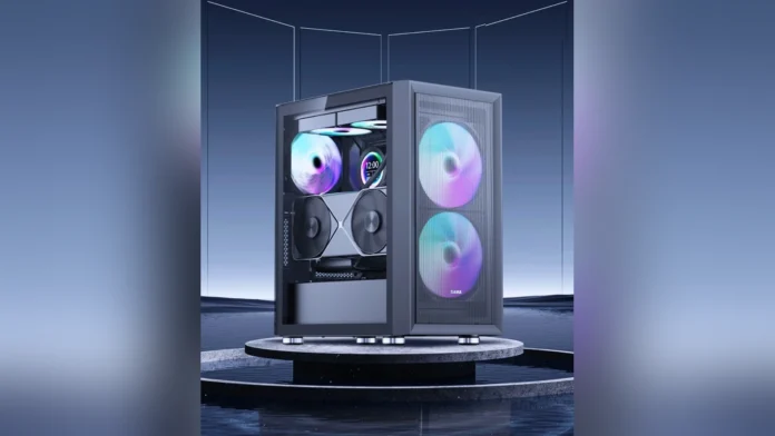 Segotep Feng 400 PC case with tempered glass side panel showcasing RGB fans and components.
