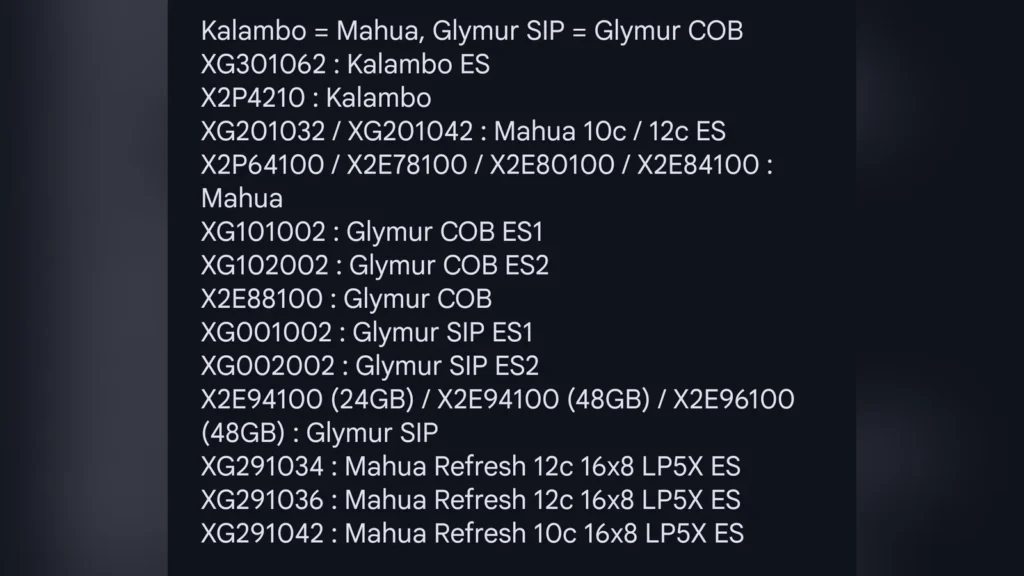 Leaked list of Snapdragon X2 Refresh engineering sample IDs and memory configurations.