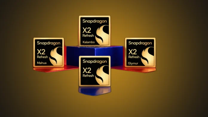 Gold Qualcomm Snapdragon X2 Refresh chip badges for Kalambo, Mahua, and Glymur on pedestals.