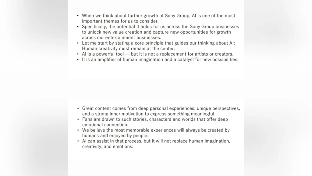 PlayStation Strategic Plan Cuts PC Wording in Favor of AI Integration 1 Slide from Sony's corporate strategy presentation outlining principles of AI and human creativity.