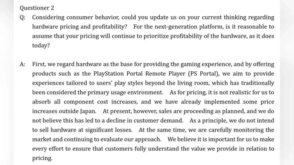 Screenshot of the Sony Q&A document discussing next-generation hardware pricing.