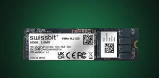 Swissbit A2000 PCIe Gen 4 SSD Series Reaches 6 GB/s for Industrial Workloads Swissbit A2000 PCIe Gen 4 SSD in the M.2 2280 form factor, isolated on a premium forest green and black gradient spotlight backdrop.