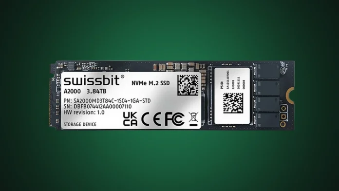 Swissbit A2000 PCIe Gen 4 SSD in the M.2 2280 form factor, isolated on a premium forest green and black gradient spotlight backdrop.