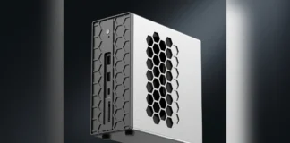 AooStar Launches T03-395 Mini PC with Ryzen AI Max+ 395 and Quad SSD Slots Professional product shot of the silver-white AooStar mini PC standing upright on a reflective dark studio floor.