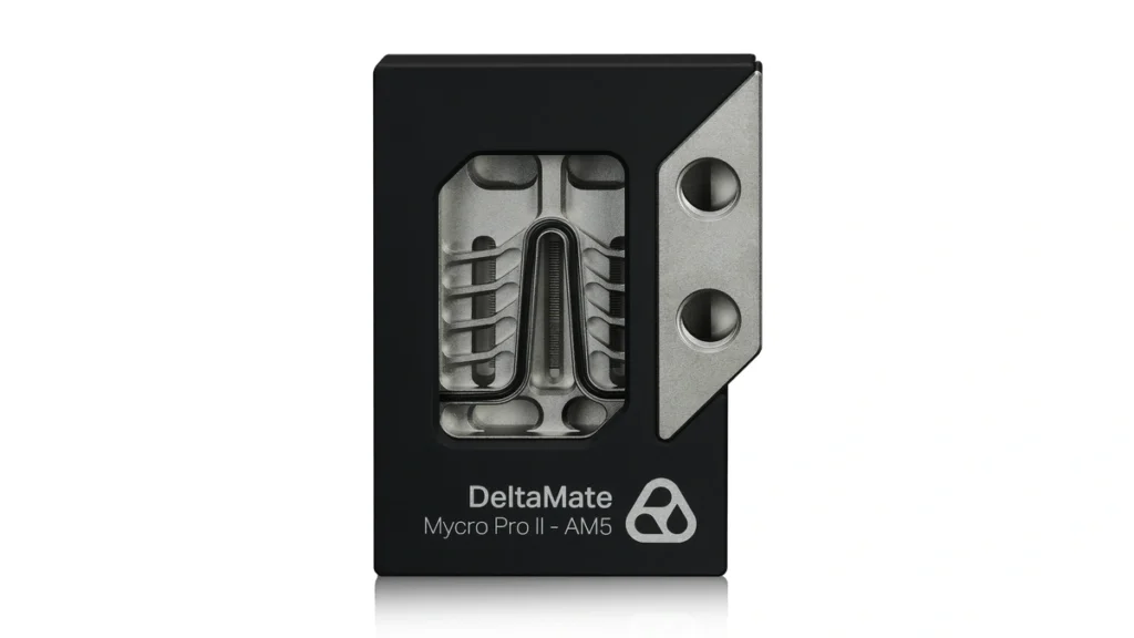 Close-up front view of the Thermal Grizzly DeltaMate Mycro Pro II - AM5 CPU water block highlighting the silver bracket and black cover.