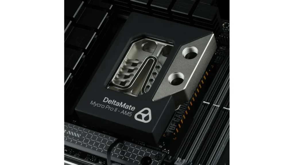 Close-up shot of the Thermal Grizzly DeltaMate Mycro Pro II - AM5 CPU water block mounted on a TUF Gaming motherboard.
