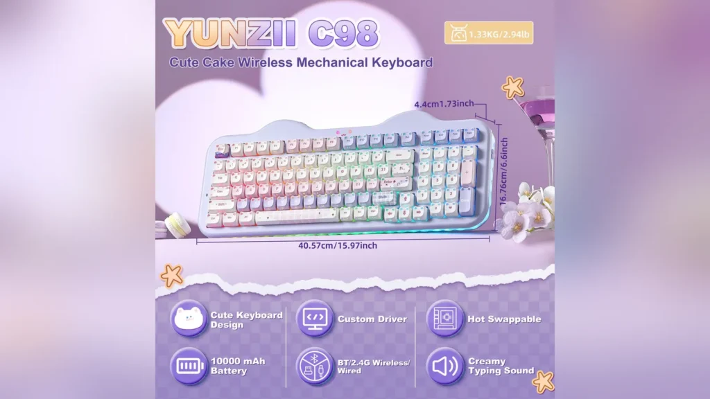 Close-up of the transparent cat-ear accents on the Yunzii C98 MAO keyboard.