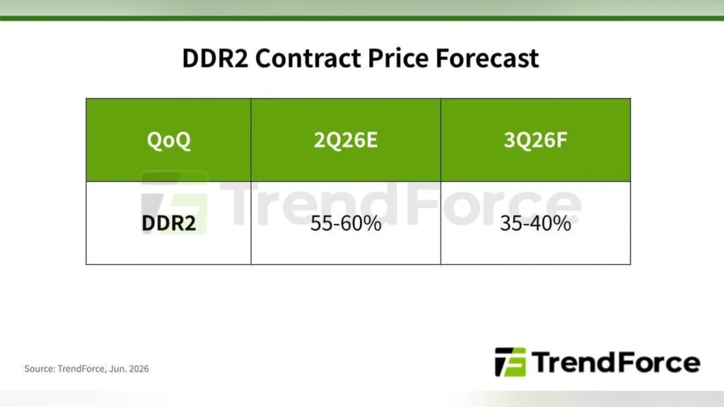 TrendForce DDR2 Contract Price Forecast table.