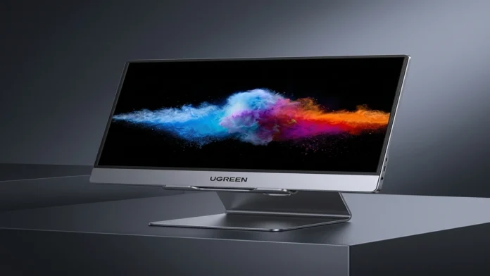 UGREEN AP16 portable monitor with a 16-inch 2.5K IPS display, aluminum body, and adjustable magnetic stand.