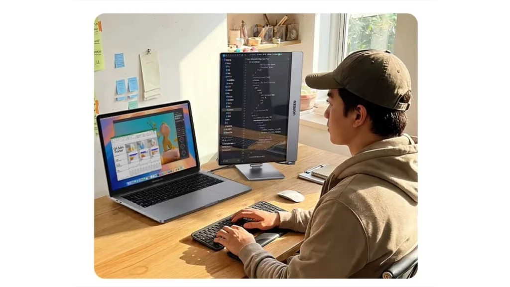 UGREEN AP16 portable monitor used in portrait orientation alongside a laptop for coding and productivity tasks.