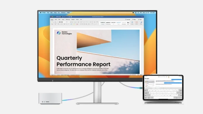 enQ MA320UG Mac Monitor Setup BenQ MA320UG monitor connected to a compact desktop and tablet, showcasing seamless Apple device integration and productivity features