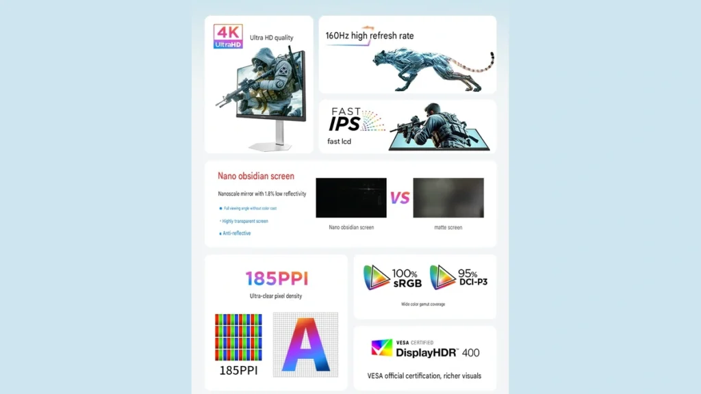 ViewSonic VX24G26J-4K Pairs 4K Resolution and 160Hz Refresh Rate at 23.8 Inches 2 ViewSonic VX24G26J-4K monitor key features collage.