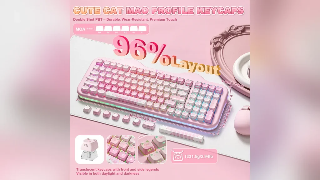 Complete retail package and accessories included with the C98 Cake Kitten keyboard.