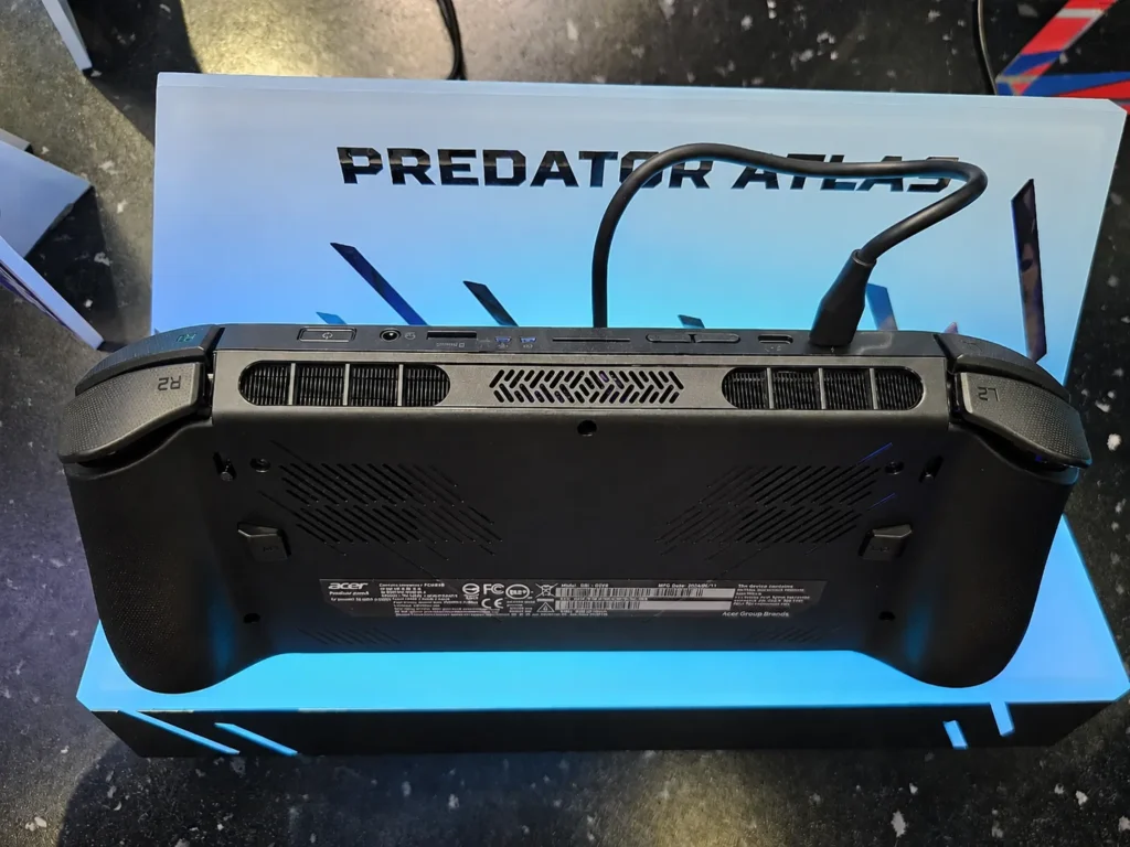 Rear view of the Acer Predator Atlas 8 handheld gaming device showing ports and cooling vents