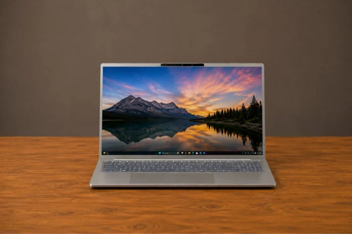 Front view of the Acer Swift Go 16 AI laptop displaying its large screen on a wooden desk.