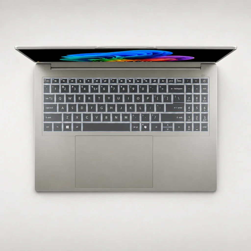 Top view of the Acer Swift Go 16 AI keyboard with a spacious touchpad and full-size layout.