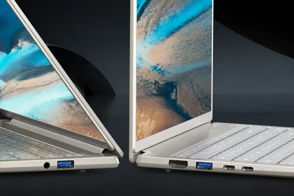 Side view of the Acer Swift Go 16 AI laptop highlighting USB, HDMI, and USB-C ports.