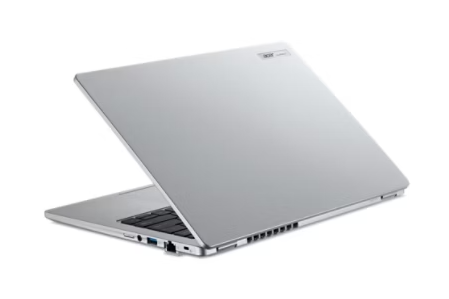 Rear angled view of the Acer TravelMate P2 14 AI with slim silver chassis