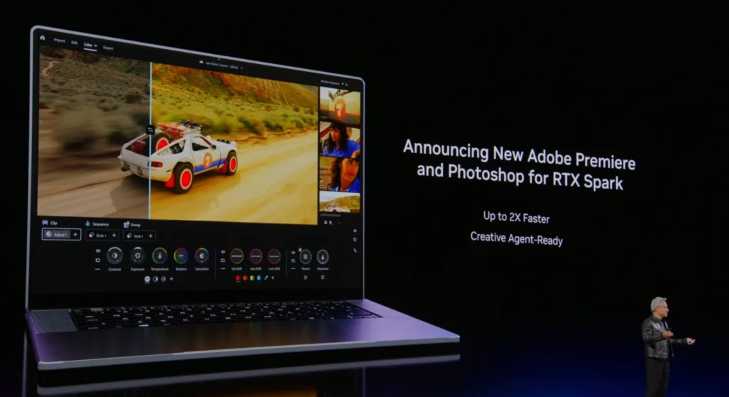Adobe Premiere Pro and Photoshop running on an RTX Spark-powered laptop during NVIDIA presentation