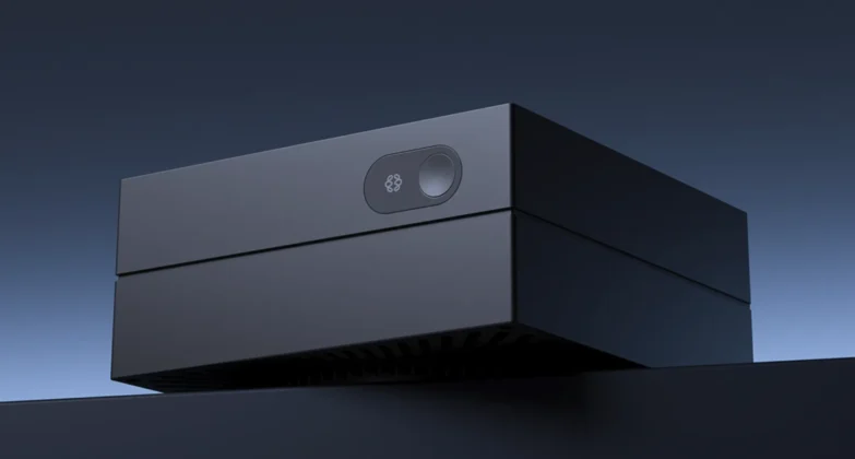 Close-up view of Lenovo AI Host Mini PC showcasing its minimalist chassis design