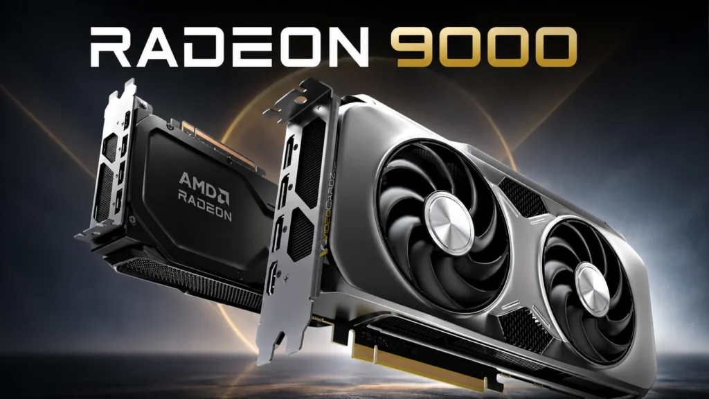 AMD Radeon RX 9000 series graphics card featuring a dual-fan cooling design and next-generation RDNA 4 architecture
