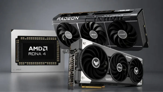 AMD RDNA 4 GPU chip displayed alongside ASUS Radeon RX 9000 series graphics cards based on the latest architecture