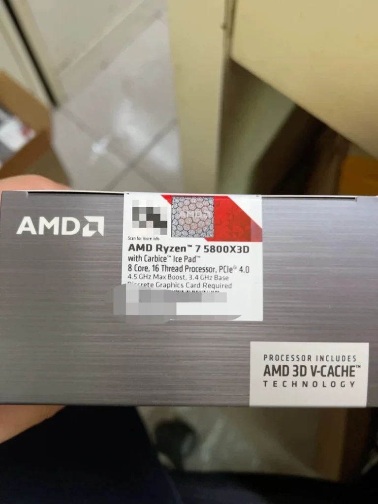 Close-up of AMD Ryzen 7 5800X3D retail box showing product label and 3D V-Cache branding