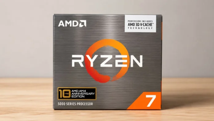 Front view of the AMD Ryzen 7 5800X3D retail processor box with 3D V-Cache branding