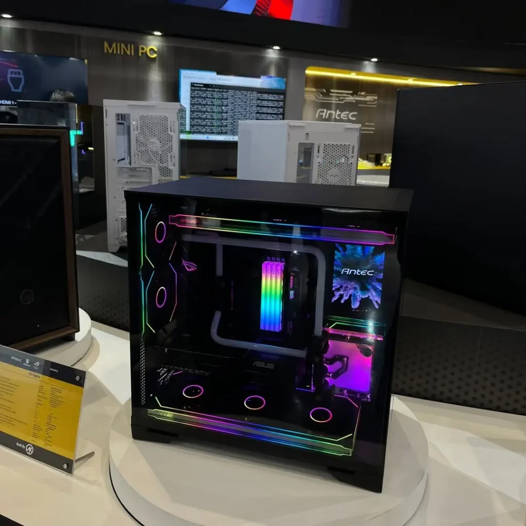 Antec custom gaming PC with liquid cooling, RGB lighting, and GeForce RTX graphics card on display at Computex 2026