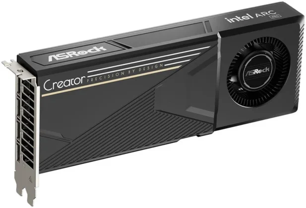Angled view of the ASRock Intel Arc Pro B65 Creator graphics card featuring a blower fan and compact workstation design