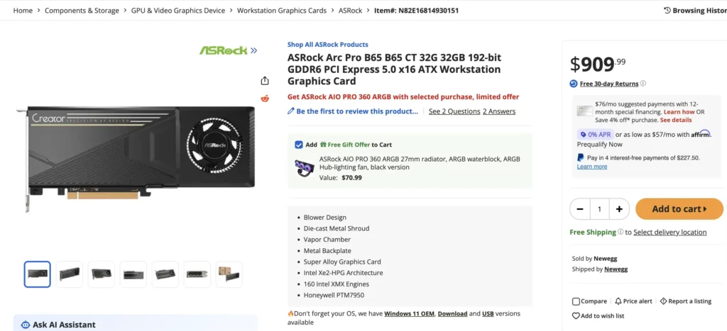 Online product listing showing the ASRock Intel Arc Pro B65 Creator graphics card and pricing information
