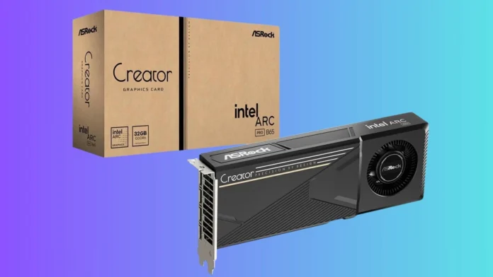 ASRock Intel Arc Pro B65 Creator graphics card shown with its retail packaging