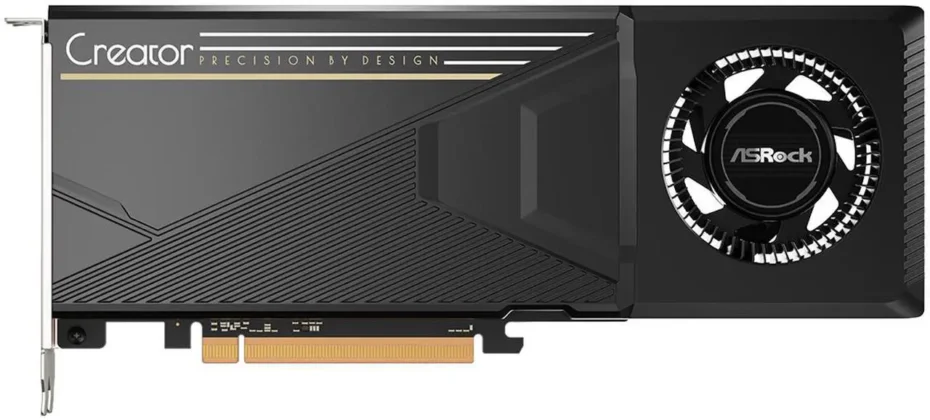 Side profile of the ASRock Intel Arc Pro B65 Creator graphics card with a single blower cooling solution