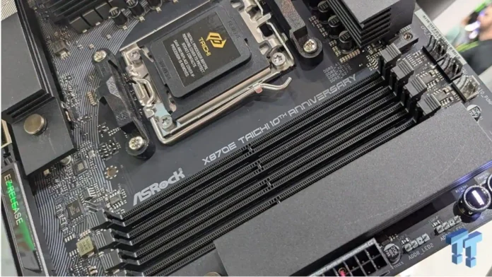 ASRock X870E Taichi 10th Anniversary Edition Motherboard Close-up view of the ASRock X870E Taichi 10th Anniversary motherboard featuring AM5 socket, DDR5 memory slots, and premium heatsink design