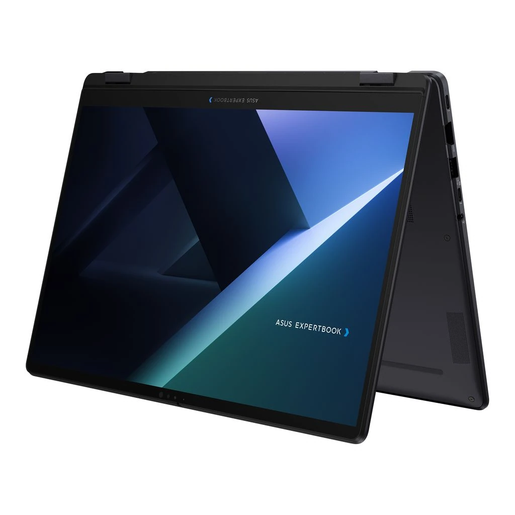 ASUS ExpertBook B5 Flip G2 business laptop shown in tent mode with a 360-degree convertible touchscreen design